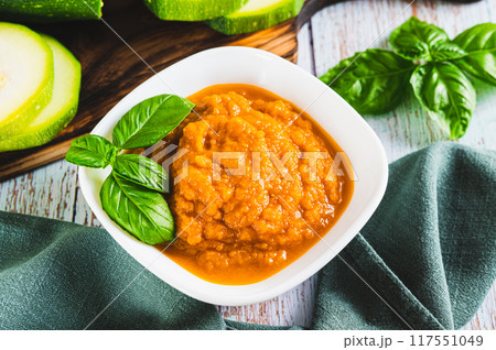 Bowl with organic plant-based vegan squash caviar on table 117551049