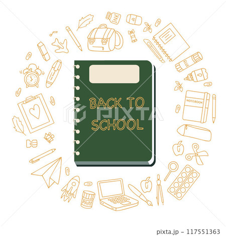 Back to school banner. Stationery set and notebook. School supplies in doodle style. Vector. Vector illustration Back to school banner. Stationery set and notebook. School supplies in doodle style. Vector. Vector illustration 117551363