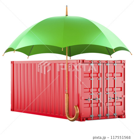 Cargo container under umbrella. Insurance and protect freight transportation, concept. 3D rendering 117551568