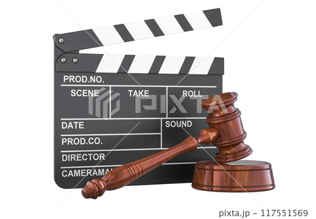 Clapperboard with wooden gavel, 3D rendering 117551569