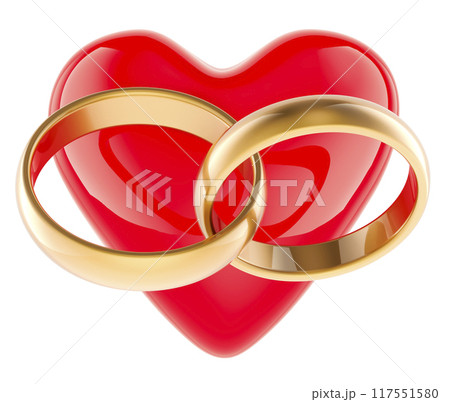 Red heart with golden wedding rings his and hers matching set, 3D rendering Red heart with golden wedding rings his and hers matching set, 3D rendering 117551580