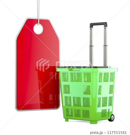 Red Sale Tag and Plastic Rolling Shopping Basket with wheels and handle. 3D rendering 117551581