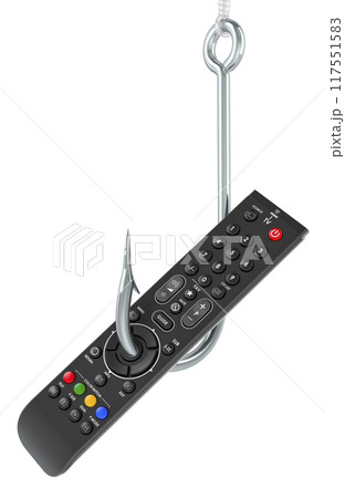 TV remote control on the fishing hook. TV dependence and brainwash, concept. 3D rendering TV remote control on the fishing hook. TV dependence and brainwash, concept. 3D rendering 117551583