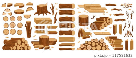 Cartoon wooden timbers. Tree logs and trunks, chopped firewood, stacked planks, woodwork bars and washers, nature materials, forest construction materials isolated tidy vector set 117551632