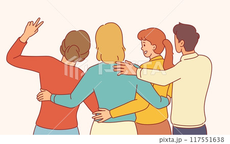 Happy friends group hug. View from back, friendly relations, people team embrace, friendship and support, standing together, Cheerful person cartoon flat style isolated vector concept 117551638