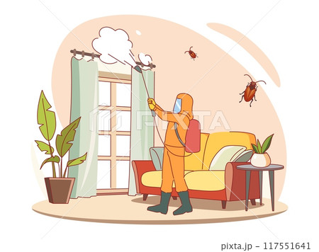 Interior pest control. Specialist in protective suit sprays insecticide in room, fighting cockroaches at home, professional house disinfection, cartoon flat style isolated vector concept Interior pest control. Specialist in protective suit sprays insecticide in room, fighting cockroaches at home, professional house disinfection, cartoon flat style isolated vector concept 117551641
