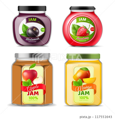 Jams jars. Realistic berry sweet canned food in glass bottles different forms. Various flavor blackcurrant, strawberry, apple and mango. Dessert product package design. Vector isolated set 117551643