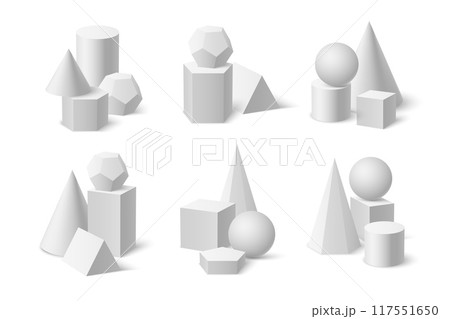 Plaster figures compositions. White pyramid, cylinder and cube, ball and polygon. Realistic 3d isolated elements. Light and shadows. Simple render form minimalist background. Vector geometry set Plaster figures compositions. White pyramid, cylinder and cube, ball and polygon. Realistic 3d isolated elements. Light and shadows. Simple render form minimalist background. Vector geometry set 117551650