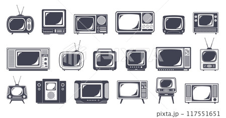 Retro tv silhouettes. Black and white icons, vintage televisions, media equipment, worldwide video broadcasting elements, logotype design, nostalgia label or emblem, nowaday vector isolated set Retro tv silhouettes. Black and white icons, vintage televisions, media equipment, worldwide video broadcasting elements, logotype design, nostalgia label or emblem, nowaday vector isolated set 117551651