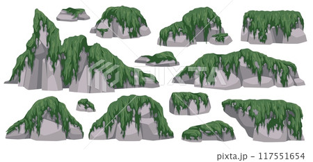Stones overgrown with moss. Cartoon rocks and green lichen, hanging and creeping plants, natural game elements template, ecology environment, rainforest tropical tidy vector isolated set 117551654