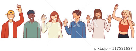 Students smile and wave hands. Multicultural people, different nationals characters, happy guys and girls for casual clothes, male and female portraits, cartoon flat isolated i vector set 117551657
