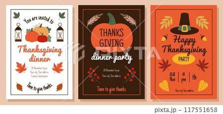Thanksgiving day cards. Traditional family holiday posters, autumn season harvest festival, dinner party celebration, invitation banners design cartoon flat style isolated tidy vector set 117551658