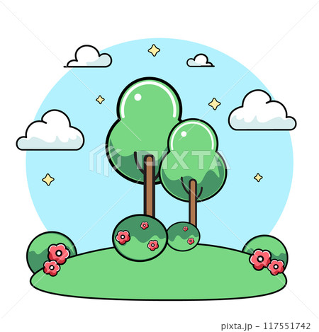 Two green trees with grass and bushes. Flat red flowers and white clouds on a blue background. Flat illustration 117551742