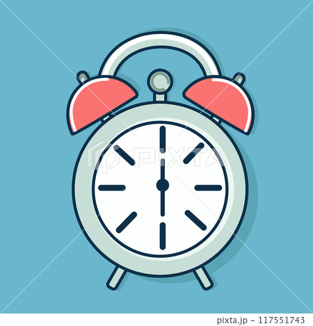 Alarm clock on legs. Clock to keep track of time. School paraphernalia. Flat illustration 117551743