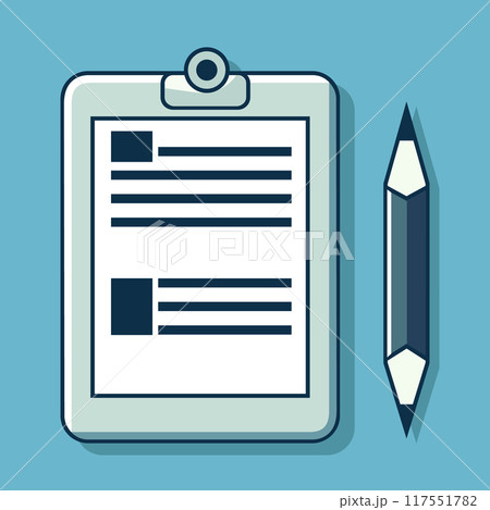 A solid sheet and note pad and a sharp double-sided blue pencil. School subjects. Flat illustration. A solid sheet and note pad and a sharp double-sided blue pencil. School subjects. Flat illustration. 117551782
