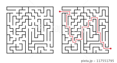 Labyrinth game way. Square maze, simple logic game with labyrinths way. How to find out quiz, finding exit path rebus or logic labyrinth challenge isolated vector illustration 117551795