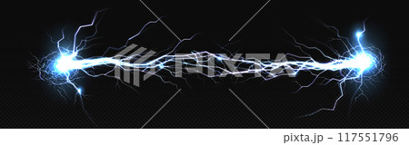 Electric discharge shocked effect for design. Power electrical energy lightning spark or electricity effects realistic isolated blitz vector illustration on checkered background 117551796