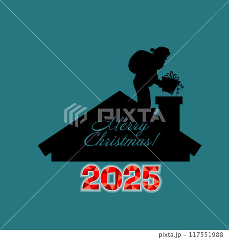 Santa puts a present down the chimney. Happy New Year 2025 card. hand drawing. Not AI, Vector illustrations. 117551988