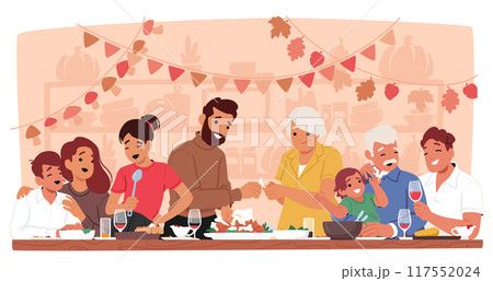 Joyful Family Gathering Around A Table Celebrating Thanksgiving. Vector Image Depicts Multiple Generations Enjoying Meal 117552024
