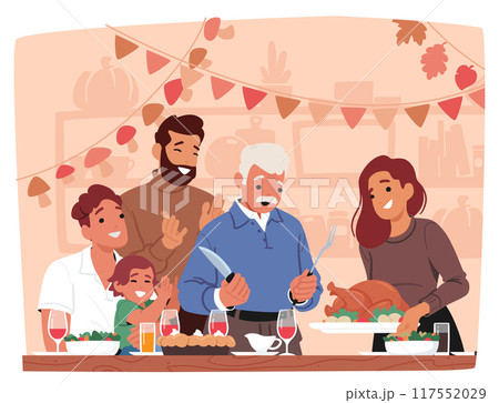 Cheerful Family Gathered Around Table Celebrating Thanksgiving With A Turkey Dinner, Cartoon Vector Scene 117552029