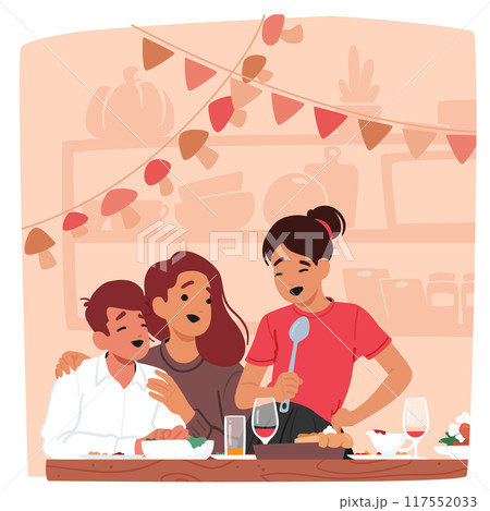 Happy Family Characters Enjoying Thanksgiving Dinner Together. The Image Shows Mother With Children Sharing Food Happy Family Characters Enjoying Thanksgiving Dinner Together. The Image Shows Mother With Children Sharing Food 117552033
