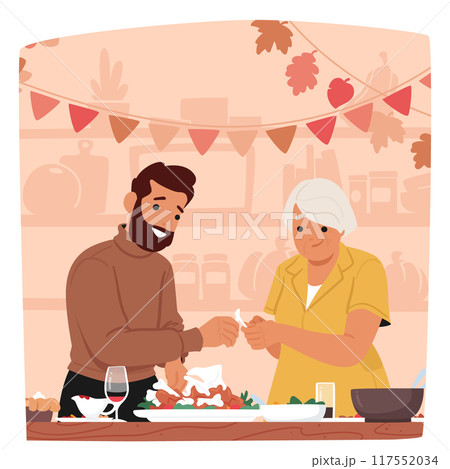 Man And An Older Woman Sharing Turkey Bone In A Cozy Kitchen Decorated With Autumn Leaves And Bunting 117552034