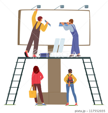 Two Workers Characters Installing An Outdoor Billboard Advertisement While Two Onlookers Observe From Below Two Workers Characters Installing An Outdoor Billboard Advertisement While Two Onlookers Observe From Below 117552035