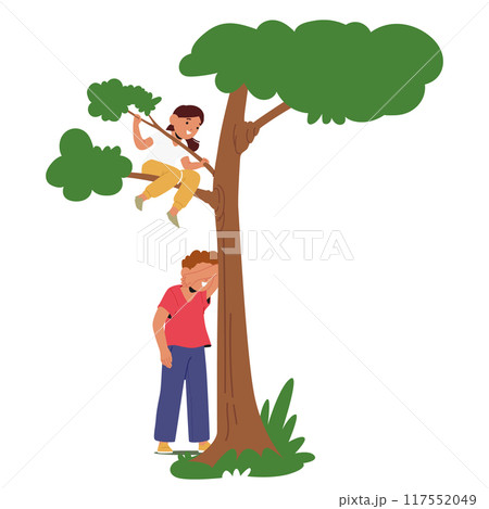 Two Children Playing Hide And Seek Outdoors. One Child Is Seeking By A Tree While The Other Climbs Up To Hide 117552049