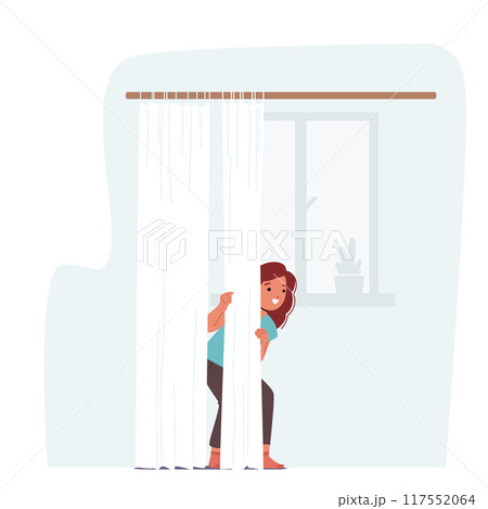 Child Girl Character Playing Hide And Seek Indoors, Hiding Behind A Curtain. Cartoon Vector Image Captures The Fun Child Girl Character Playing Hide And Seek Indoors, Hiding Behind A Curtain. Cartoon Vector Image Captures The Fun 117552064