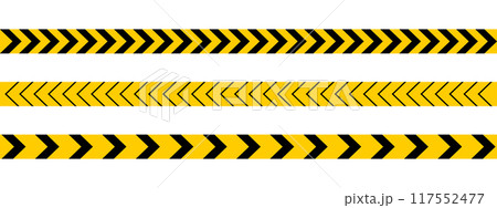 Set of horizontal caution tapes with black and yellow chevron print. Forbidden borders in quarantine zone, construction work or police investigation area. Hazard symbols. Vector flat illustration 117552477