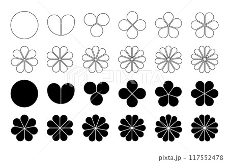 Set of flower diagrams with petals. Pie chart divided on equal segments in leaf shapes isolated on white background. Floral layouts for data presentation. Vector graphic illustration Set of flower diagrams with petals. Pie chart divided on equal segments in leaf shapes isolated on white background. Floral layouts for data presentation. Vector graphic illustration 117552478