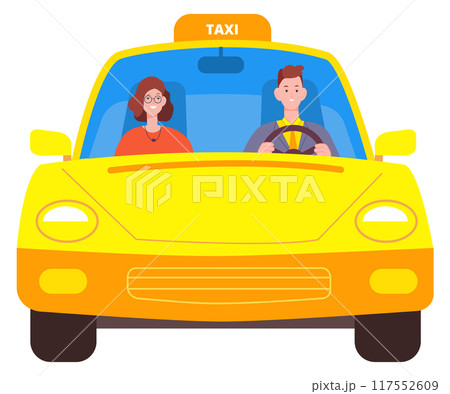 Taxi front view. Driver and passenger in yellow car Taxi front view. Driver and passenger in yellow car 117552609
