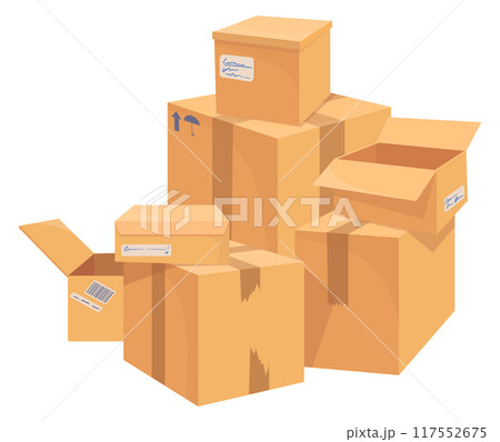 Open and closed delivery boxes. Pile of cardboard paper containers 117552675