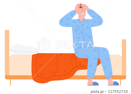 Man wake up with headache. Migraine pain illustration 117552710