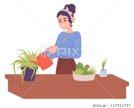 Woman watering houseplants. Home garden care illustration Woman watering houseplants. Home garden care illustration 117552747