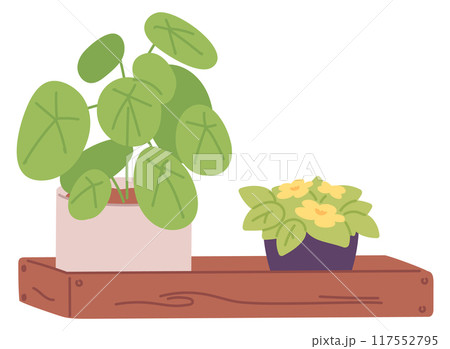 Wooden shelf with green houseplants. Interior decoration icon 117552795