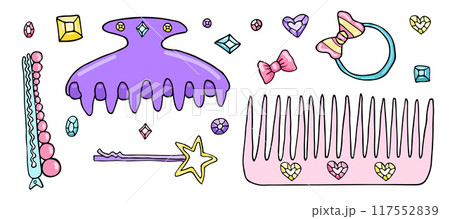 Vector doodle hair accessories, princess girl kawaii sticker collection, ribbon bow and hair clip, cartoon hairbrush salon. 117552839
