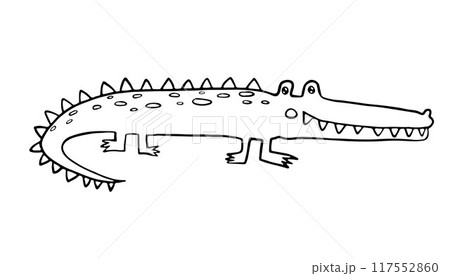 Playful black and white outline of a crocodile with visible spikes along its back. This friendly-looking crocodile is ideal for childrens coloring books, educational materials, jungle-themed design Playful black and white outline of a crocodile with visible spikes along its back. This friendly-looking crocodile is ideal for childrens coloring books, educational materials, jungle-themed design 117552860
