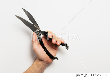 Male hand holding garden pruning shears on white background. Scissors for pruning flowers both garden and home Male hand holding garden pruning shears on white background. Scissors for pruning flowers both garden and home 117552887