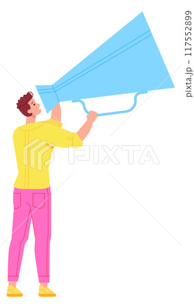 Man shout in loud speaker. Public orator character 117552899