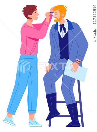 Makeup artist preparing actor for scene shooting. Film crew character 117552914