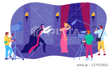 Horror movie scene filming. Cinema production illustration 117552922