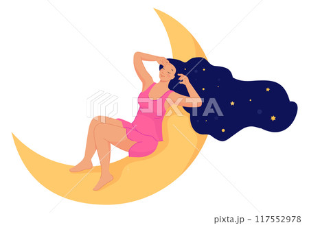 Dreaming woman. Smiling female character on night crescent Dreaming woman. Smiling female character on night crescent 117552978