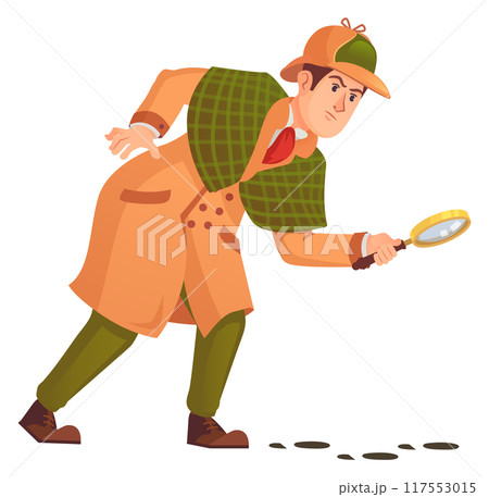 Detective follow criminal trail. Cartoon crime investigator 117553015