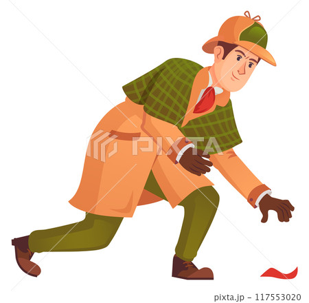 Happy investigator find clue. Cartoon detective character 117553020