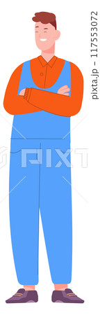 Happy man in blue overalls. Technical worker character Happy man in blue overalls. Technical worker character 117553072