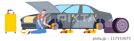 Mechanic repairs car in professional auto service garage Mechanic repairs car in professional auto service garage 117553075