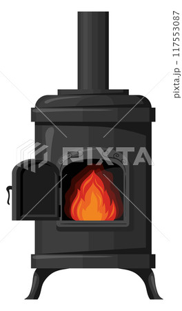 Metal furnace with burning flame. Cartoon fire heat 117553087
