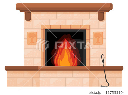 Fire burning in stone fireplace. Cozy home element 117553104