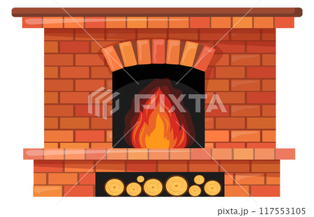 Brick fireplace with burning firewood. Cartoon home fire Brick fireplace with burning firewood. Cartoon home fire 117553105